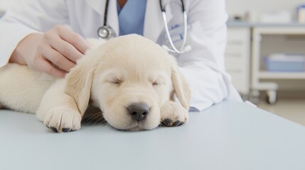 Sleepy puppy receiving veterinary care