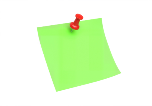 Green sticky post-it note with red pushpin isolated on transparent background