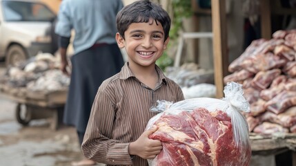A young boy smiling while holding a bag of meat