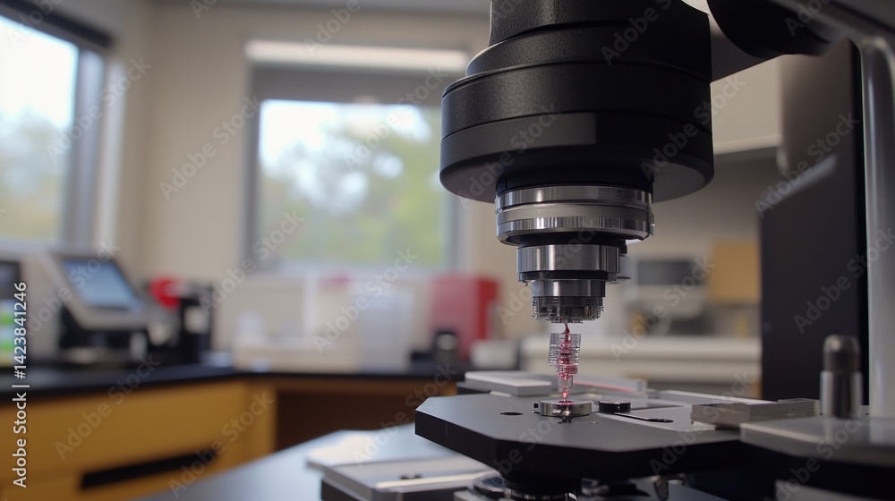 Poster mechanical arm assembling micro-components on a high-tech automation bench