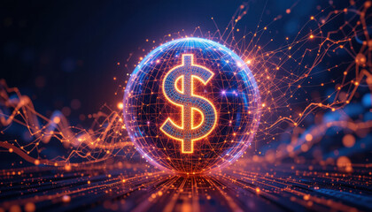 glowing dollar symbol within digital sphere represents index and inflation data trends