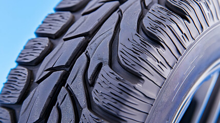 Close-up of a new winter tire tread against a light blue background