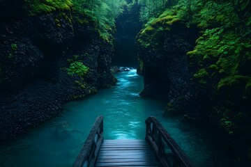 Fototapeta premium Dark, mossy canyon river passage with wooden bridge.