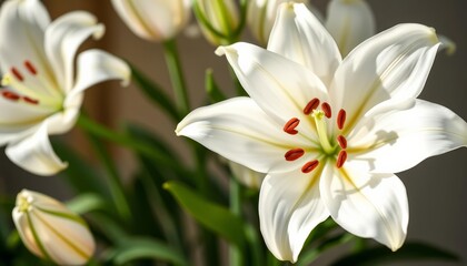 Fototapeta premium Elegant white lilies, pristine petals, soft light, white, photography