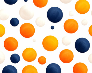 Abstract seamless pattern with orange, white, and navy blue circles of varying sizes on white background