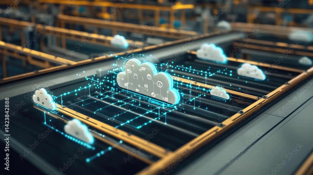 Poster network of machines connected by cloud-based software streamlining production processes