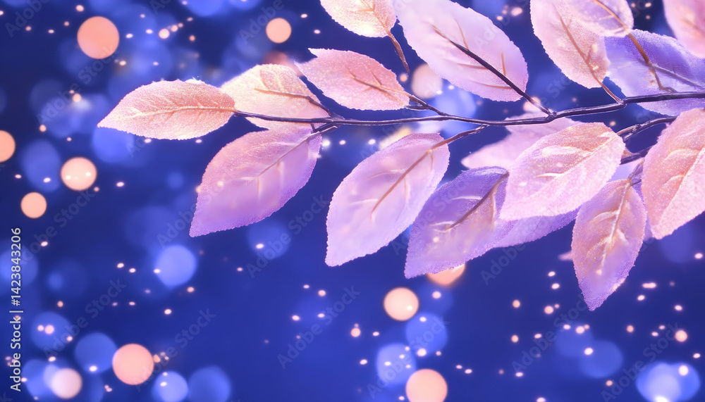 Poster pastel leaves on a branch with a bokeh background
