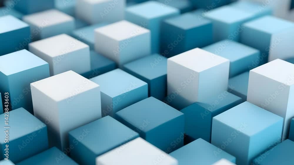 Poster exploring a vibrant arrangement of blue and white cubes in a dynamic geometric pattern