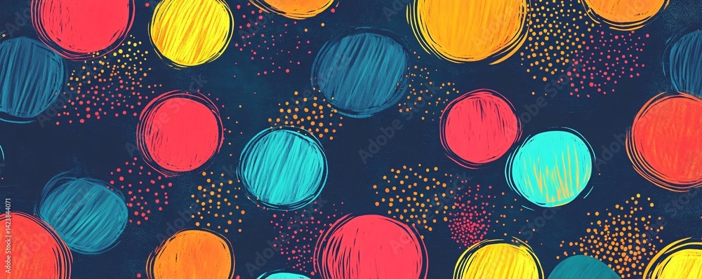 Aufkleber Colorful seamless pattern with hand-drawn circles and dots on dark background