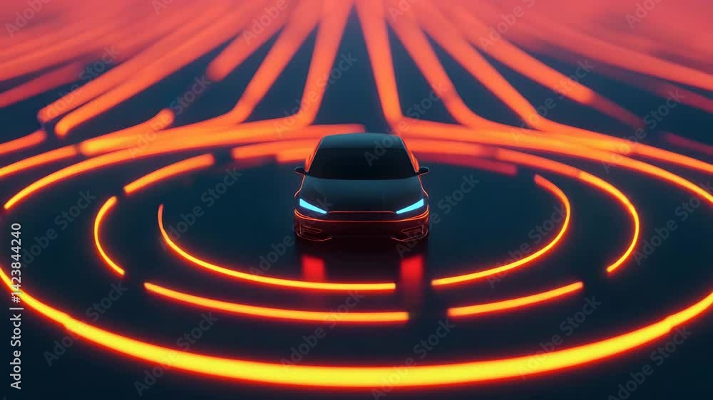 Poster bright neon patterns surround sleek car design in futuristic visual display