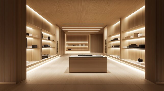 Minimalist retail space with clean lines and soft lighting, embodying modern simplicity and serene elegance.
