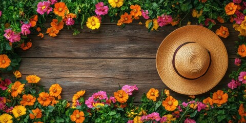 Vibrant garden arrangement with a straw hat surrounded by colorful flowers in a rustic setting