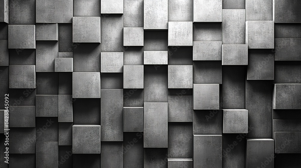 Poster abstract textured gray cubes with dynamic depth and shadow play