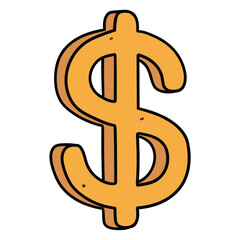 Hand drawn cartoon gold dollar sign on white background.