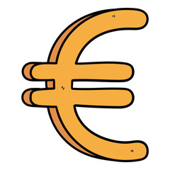 Hand drawn cartoon gold euro sign on white background.