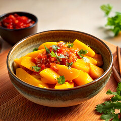 Fresh mango salad with spicy salsa and herbs on bamboo board.