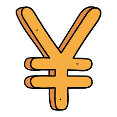 Hand drawn cartoon gold yen sign on white background.