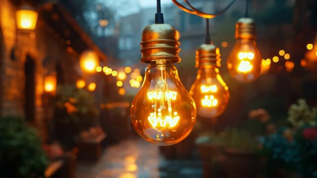 Hanging Edison Bulbs Glowing Warm Light Outdoor Patio Evening Scene Cozy Romantic Ambiance Decor