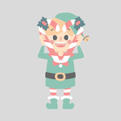 merry christmas and happy new year with cute little elf dwarf and candy cane, flat vector illustration cartoon character costume design