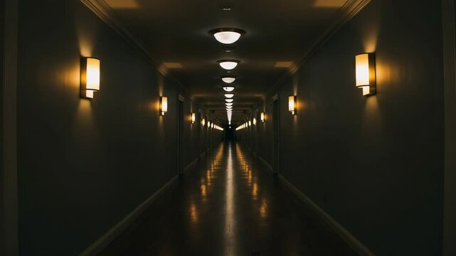 薄暗い廊下、暖色灯が静かに輝く