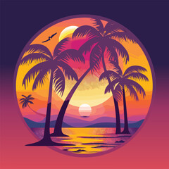 Retro Beach Party Sunset with Neon Palm Trees and Lounge Scene