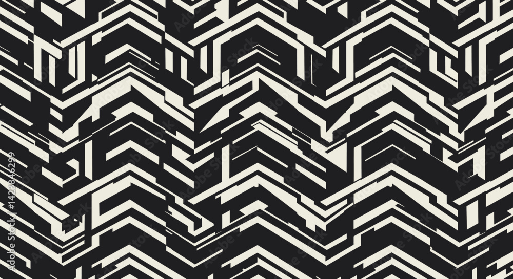 Poster geometric black and white abstract pattern zigzagging lines form fragmented shapes
