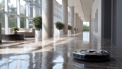 Obraz premium Automated Cleaning Robot Cleans Modern Building Lobby Efficiently