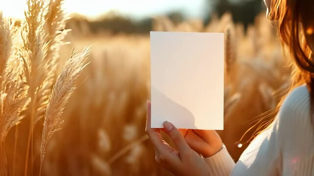 Woman holding blank card in sunny field. Beautiful sunset nature background. Peaceful feelings, mockup and presentation concept.