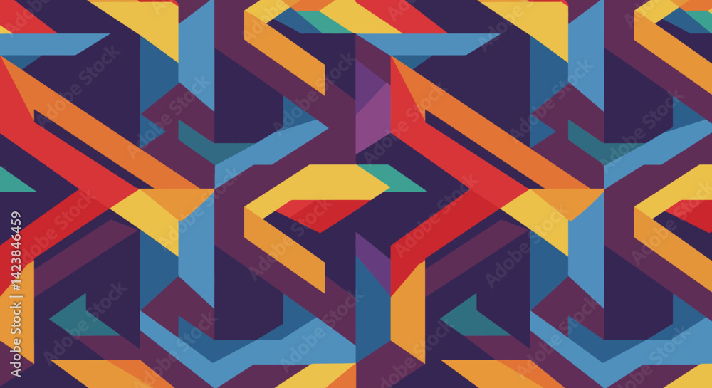 Poster geometric shapes of varying colors and angles arranged as a seamless pattern on a dark purple backgr
