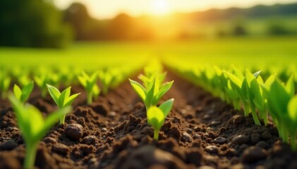 Naklejka premium Rows of tender wheat seedlings unfurl, sunlit , nature, young