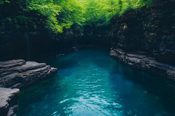 Deep blue river meanders through a verdant mountain gorge.