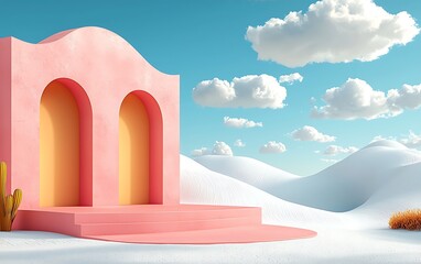 Pastel pink architectural structure in a desert landscape