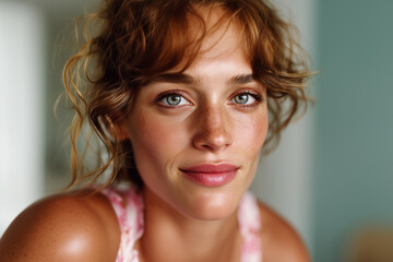 Naklejka premium Brunette woman with blue eyes and a fringe bangs and a tank top summer sunny fitness healthy lifestyle and freckles