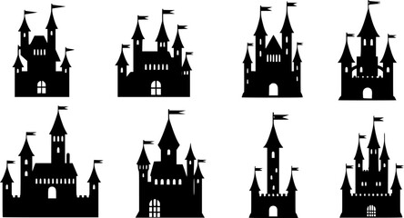 Obraz premium Silhouettes of various castle designs set against a plain background, showcasing classic architectural elements and tower styles 