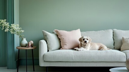 Elegant living room with modern Scandi sofa, relaxed dog resting nearby, minimalist side table and curated accessories, sage green wall and copy space