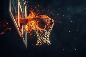 Basketball ball with fire effect falling through hoop on white background