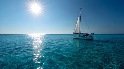 Fototapeta premium Sunny day sailboat on tranquil turquoise water.