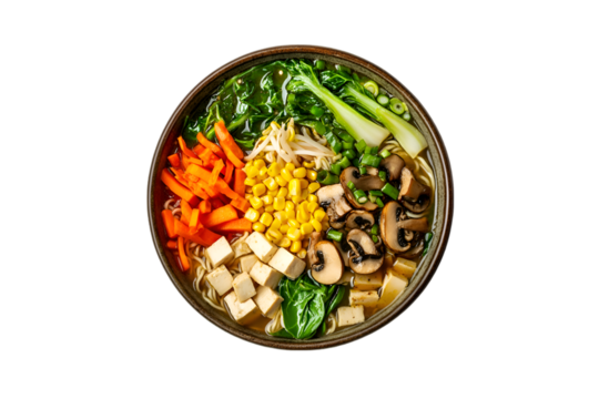 Delicious Vegetarian Ramen Bowl Noodles Tofu Mushrooms Bok Choy Carrots Corn