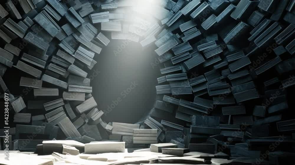 Poster dark and mysterious underground passageway with abundant textured walls and central void illuminated