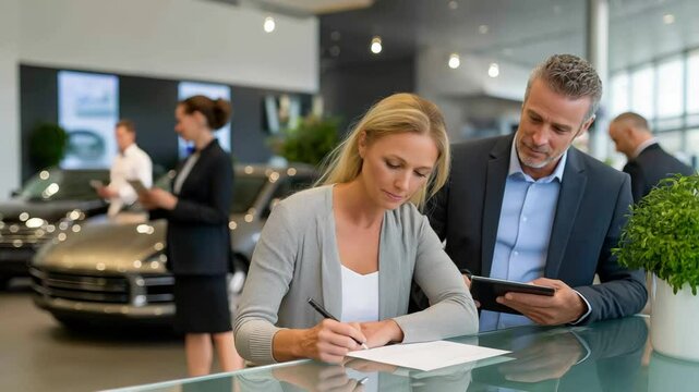 Happy couple finalizing car purchase in modern showroom with sales rep