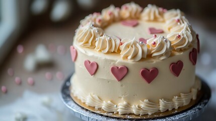 Birthday cake with heart decorations soft buttercream swirls and delicate edible pearls ideal for a special occasion