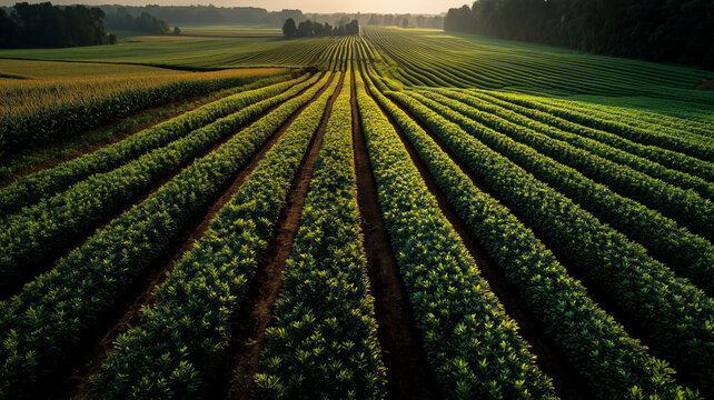 Fava bean fields flourish under the warm glow of sunset in vibrant rows