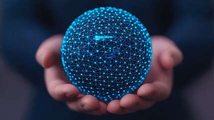 Connected World: Abstract Network Sphere Held in Human Hands, Representing Global Communication and Innovation.