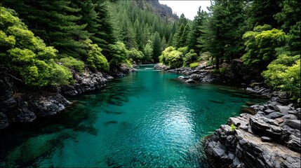 Fototapeta premium Lush green forest bordering a crystal clear turquoise river.