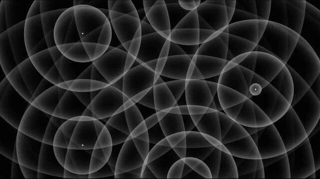 Multiple ripple points emitting white flickering dot shockwaves overlapping to create interference patterns like cymatic forms , geometric overlapping concentric circles patterns with ripple effect