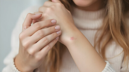 Young woman scratching eczema on her wrist close-up