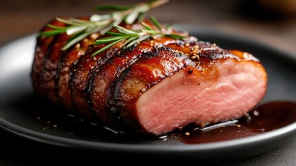 Gourmet roasted duck breast, sliced medium-rare, served with a rich sauce and fresh rosemary.