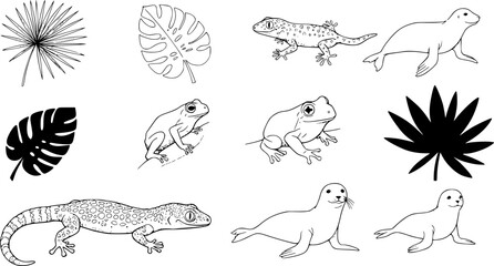 Stylized illustrations of various reptiles and amphibians in a minimalist design showcasing unique features and forms
