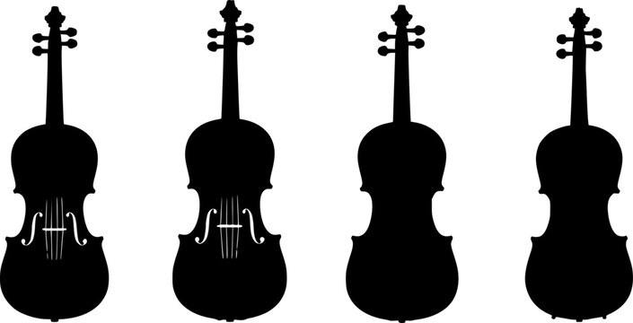 Different styles of violins displayed in black and white sketches illustrating their unique features and designs

