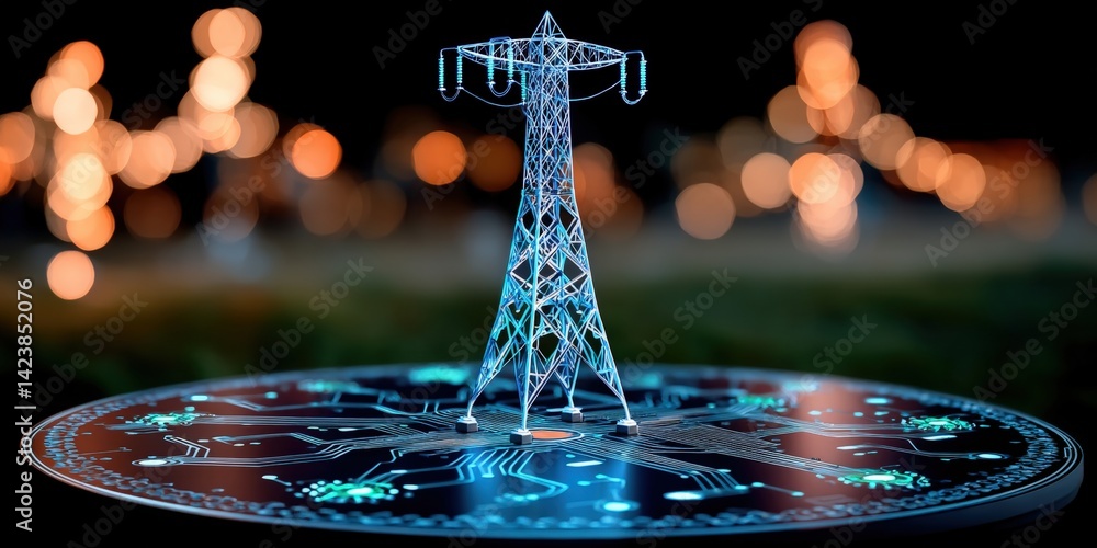 Aufkleber a glowing power tower stands on a circular platform, illuminated against a backdrop of warm bokeh li